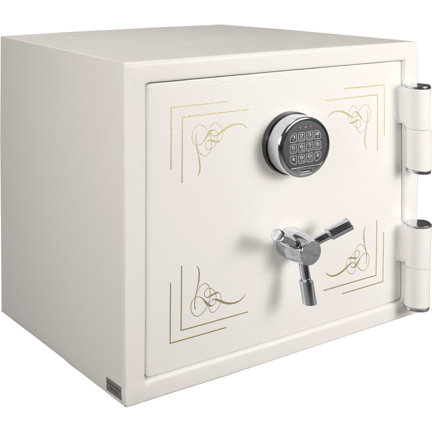 White digital safe with chrome handle and keypad