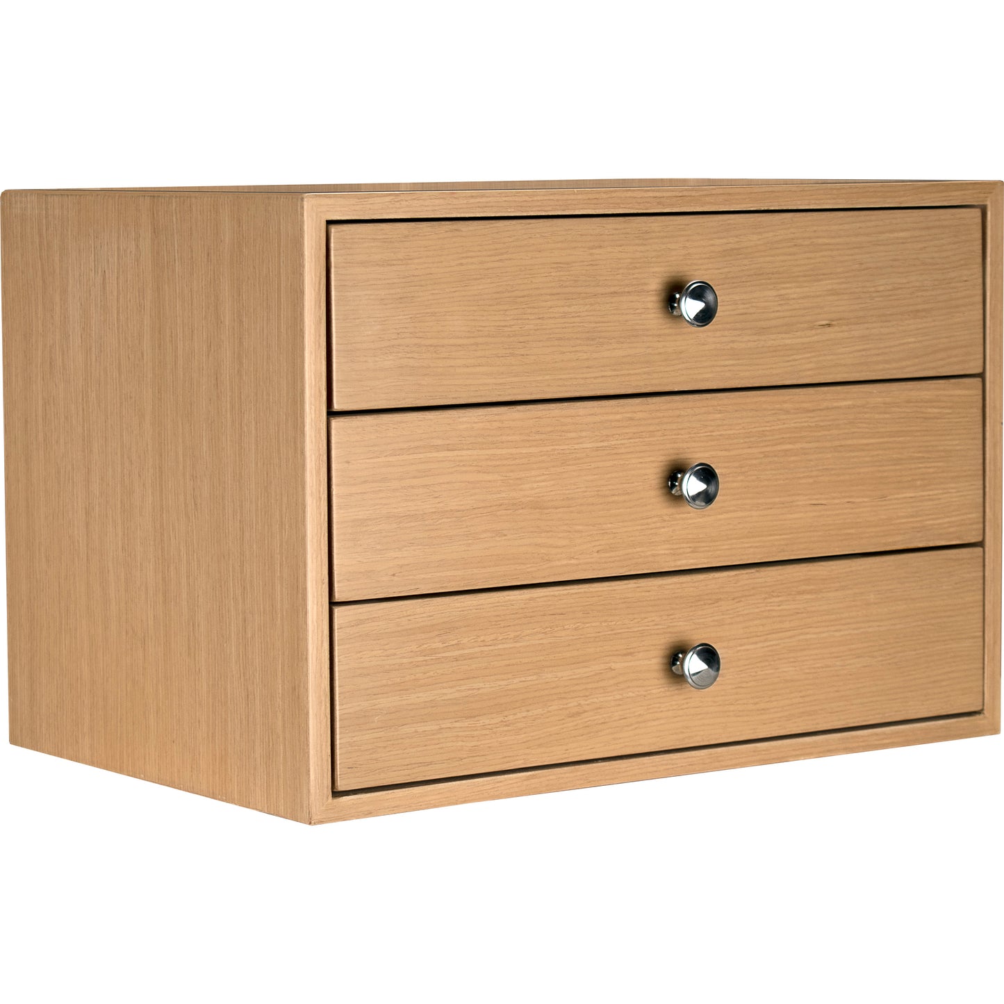 Light oak veneer threedrawer desktop organizer with polished chrome knobs