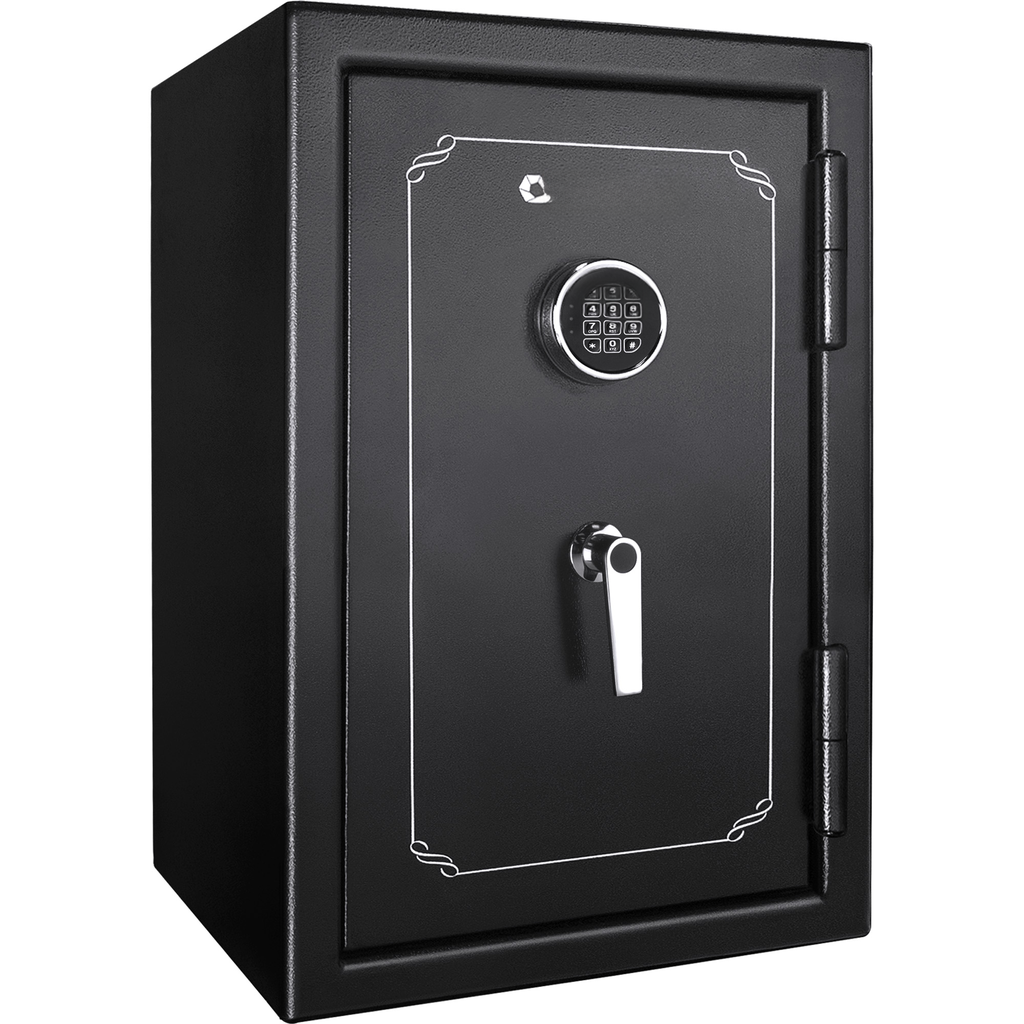 Black steel safe with digital keypad and chrome handle