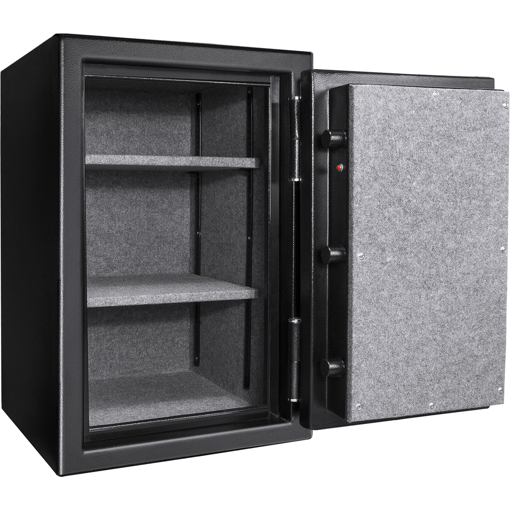 Open black steel safe with gray carpeted interior and adjustable shelves