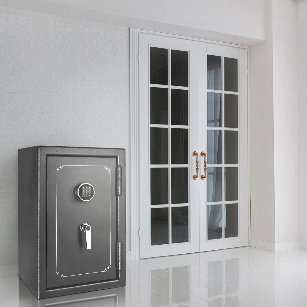 Gray digital keypad safe with chrome handle and decorative silver trim