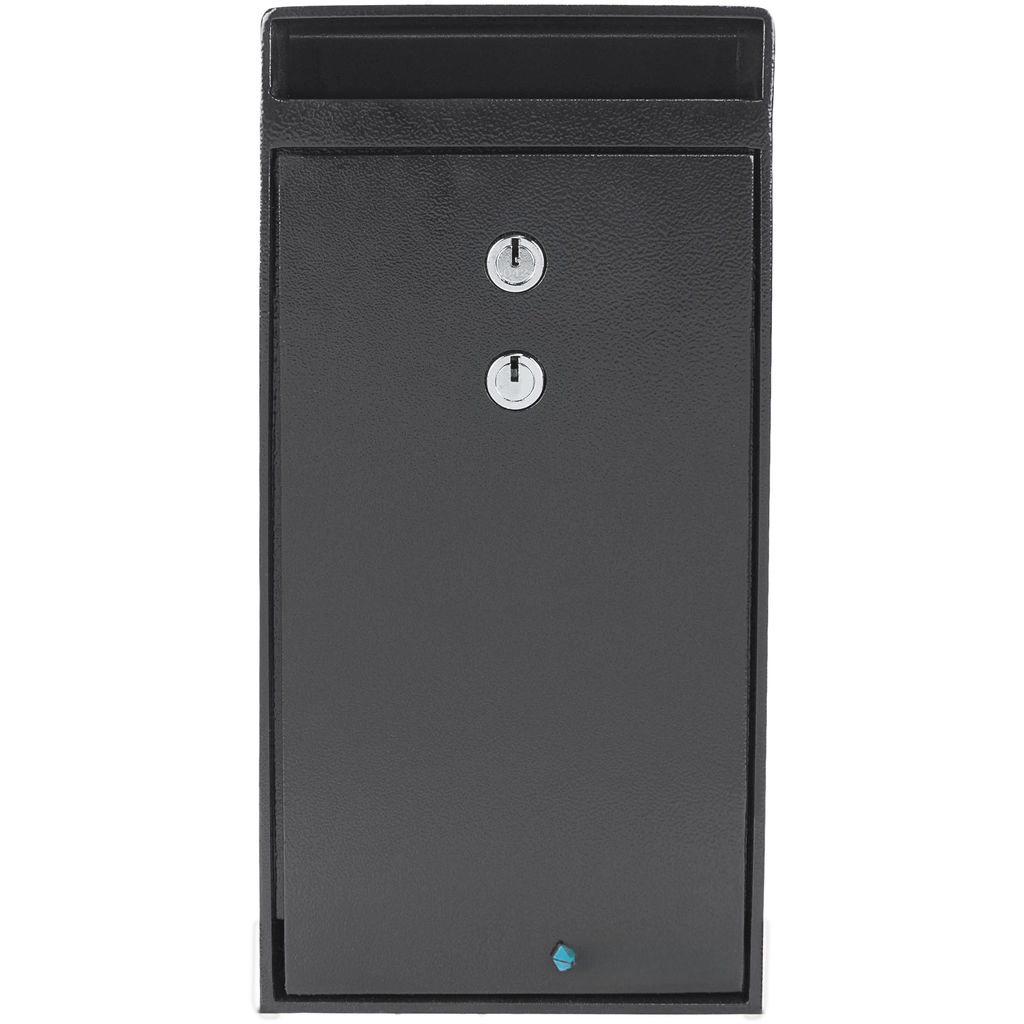 Black metal drop box with two key locks for secure mail delivery