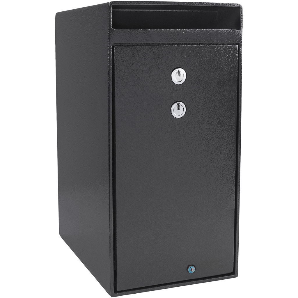 Black metal drop box with dual key locks and top slot for secure document deposit