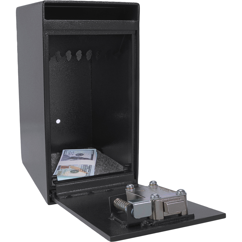 Black drop box safe with cash inside