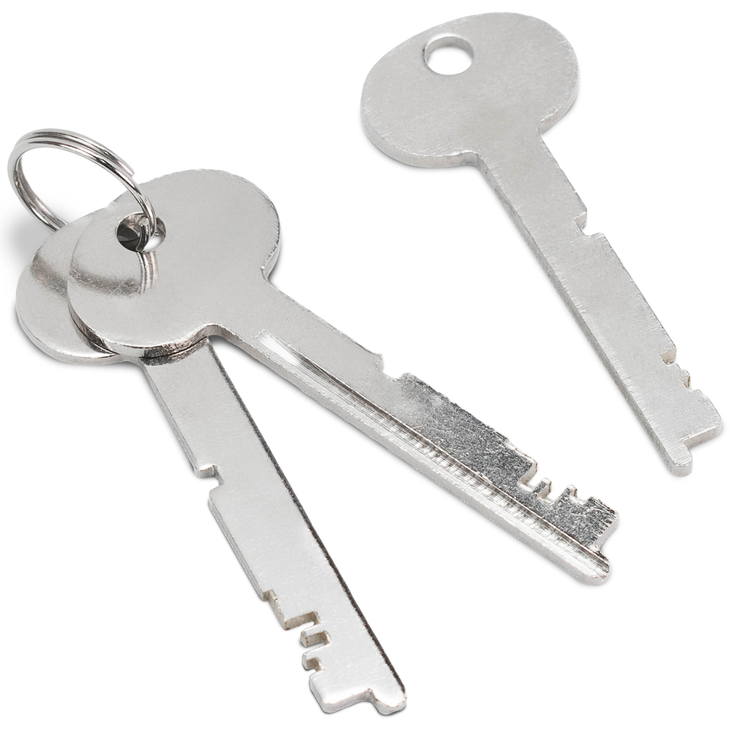 Silver metal house keys with notched edges on a keyring