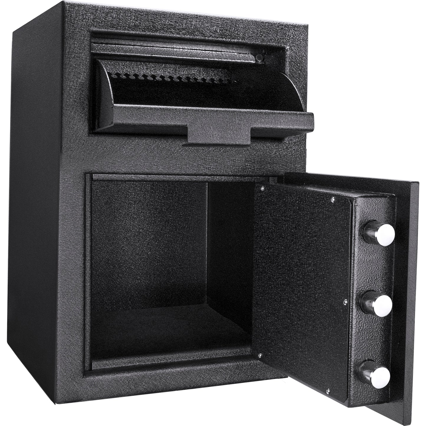 Black drop safe with open door and chrome knobs