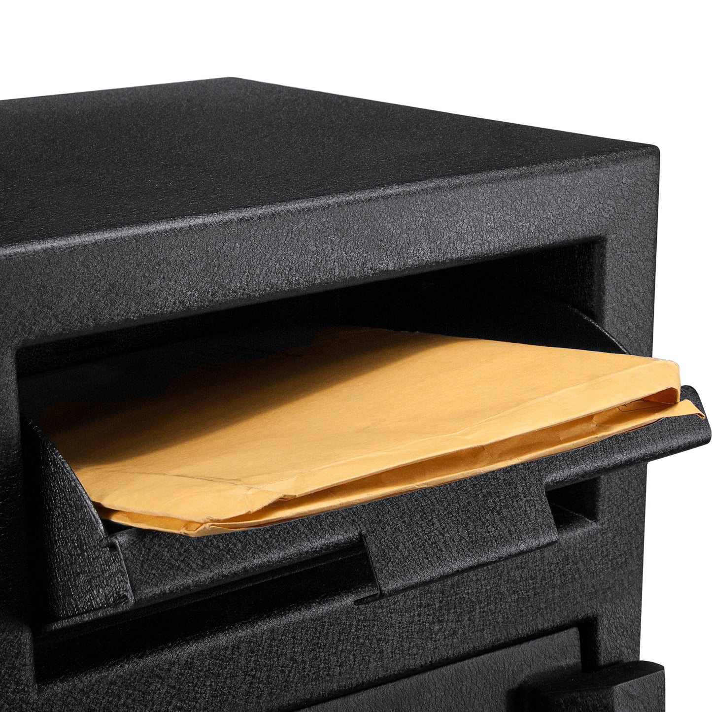 Black textured plastic mailbox with open slot receiving a large manila envelope
