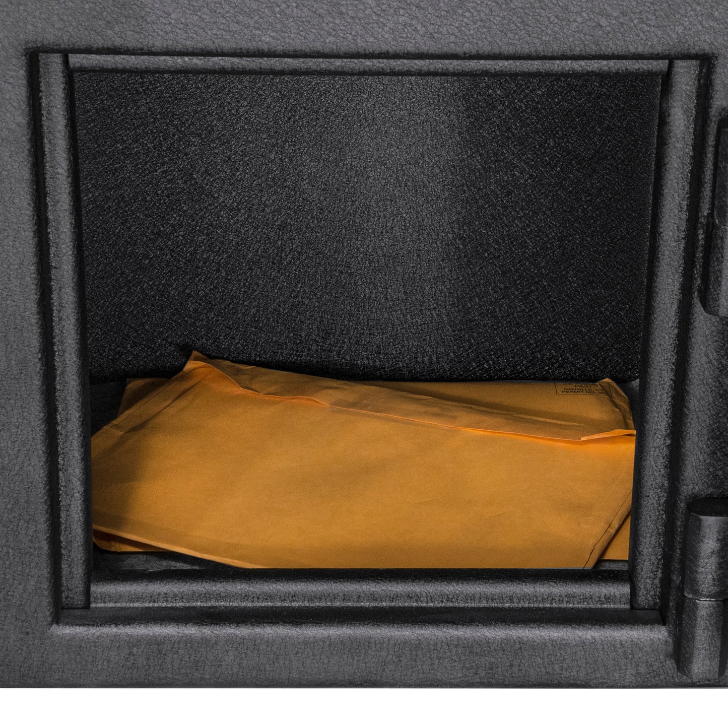 Dark gray textured lockbox interior holding a padded yellow envelope for secure mail