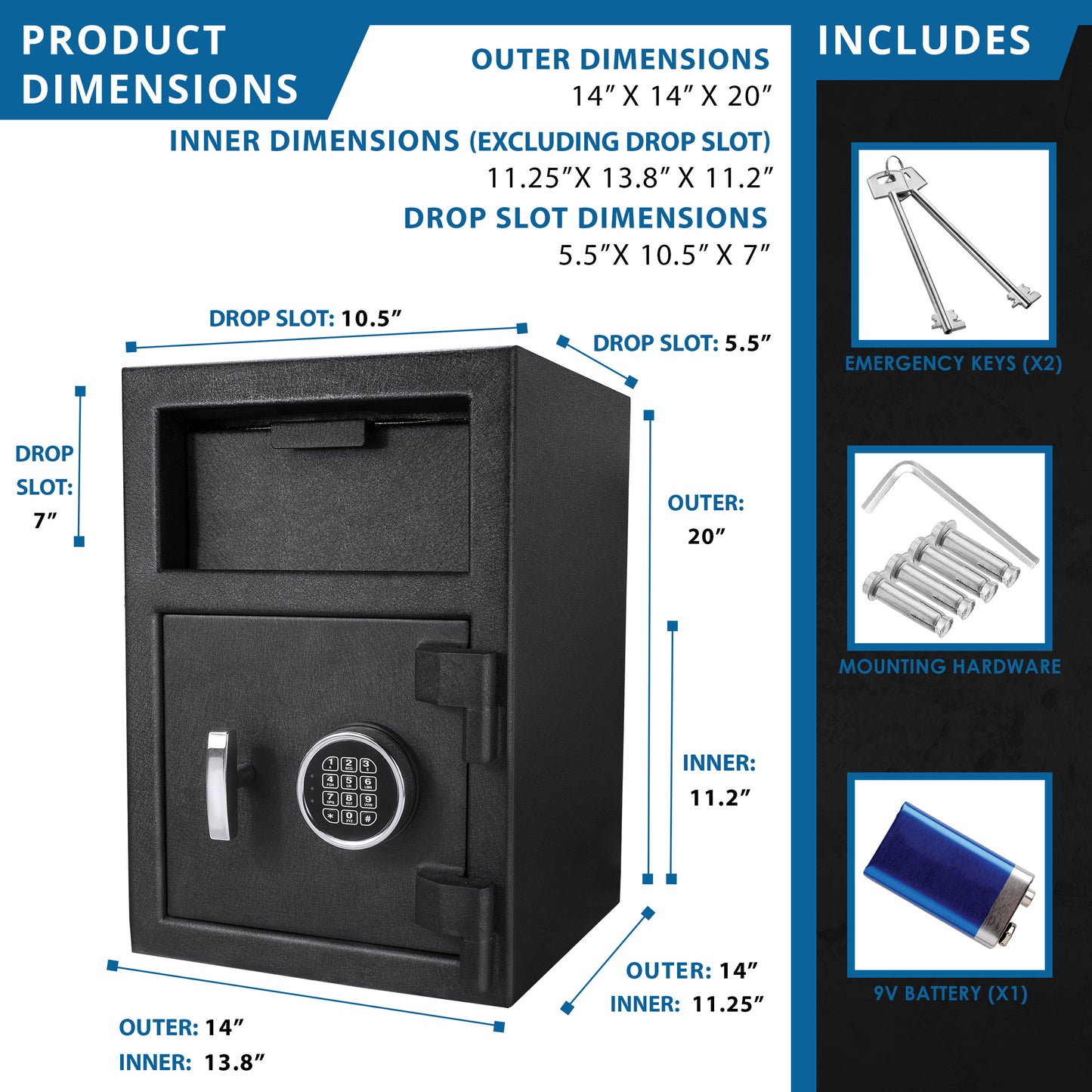 Black electronic safe with digital keypad and drop slot dimensions x x