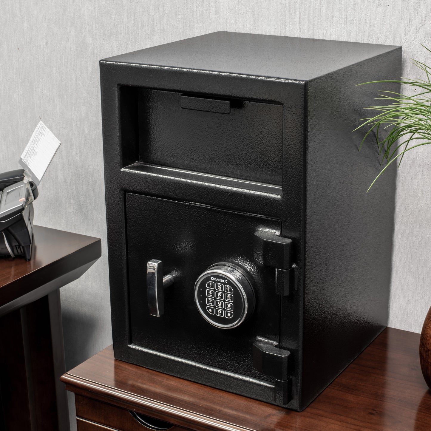 Black steel security safe with digital keypad lock and drop slot for deposits