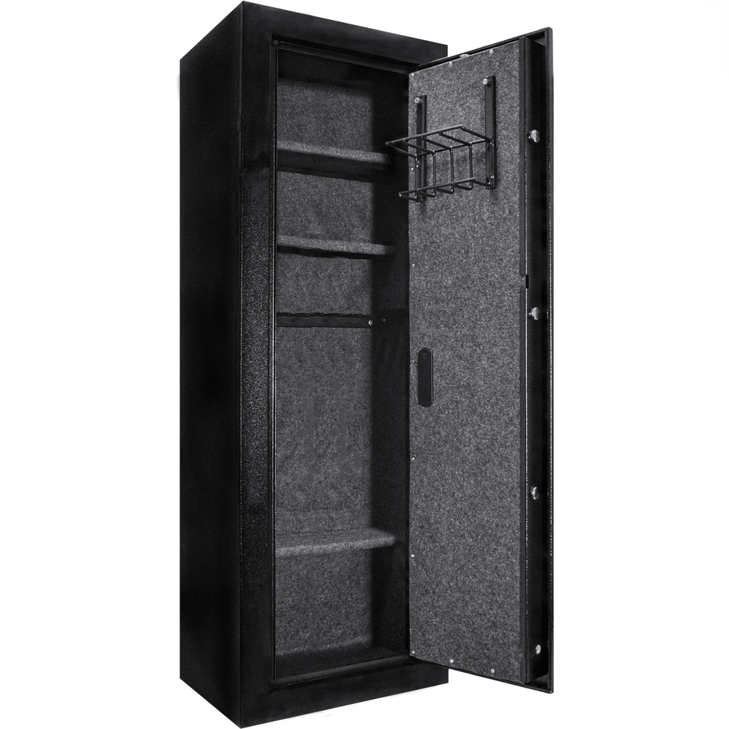 Black gun safe with interior shelving and door rack