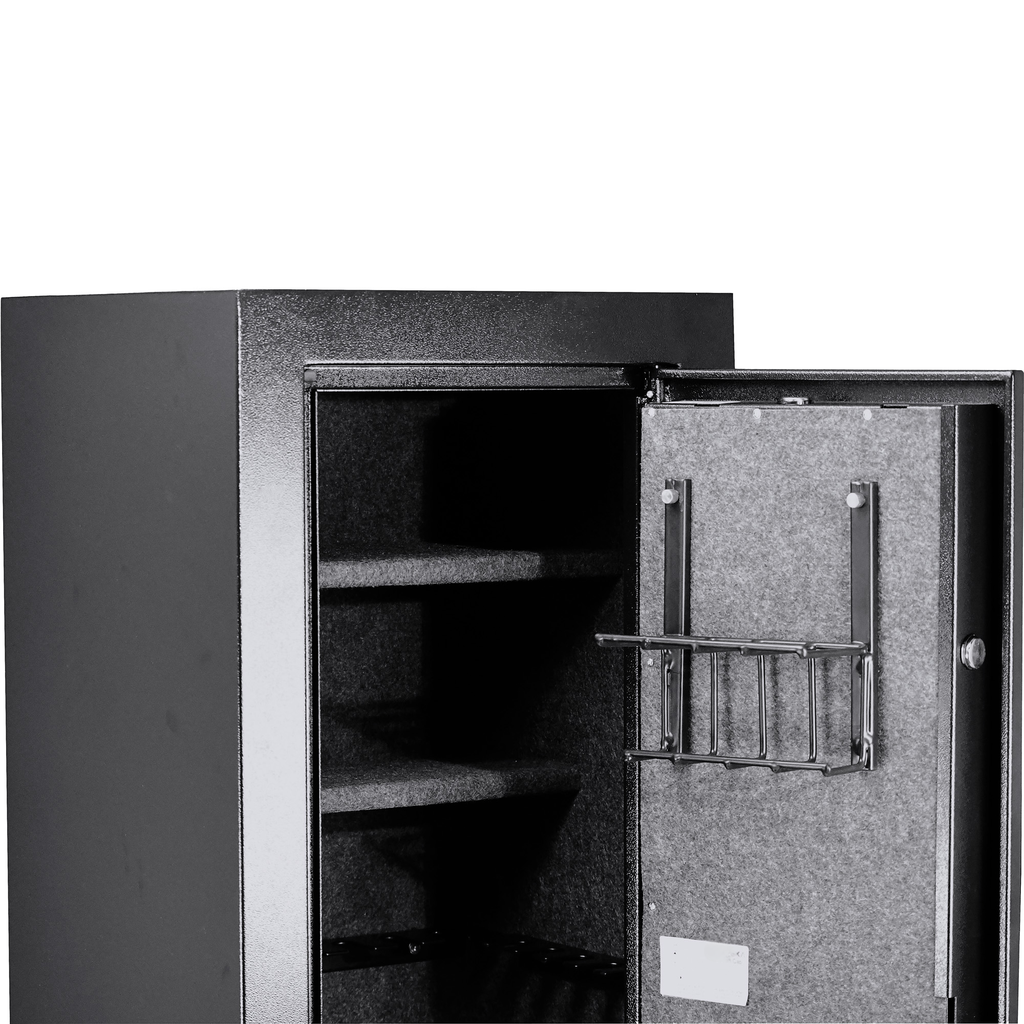 Black metal security safe with interior shelves and door organizer