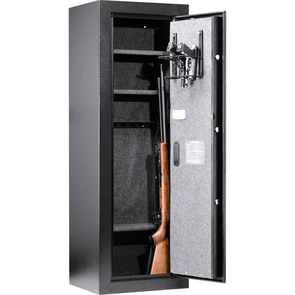 Black steel gun safe with rifle and handguns stored inside