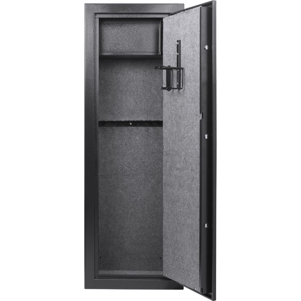 Tall black gun safe interior with padded lining and gun rack