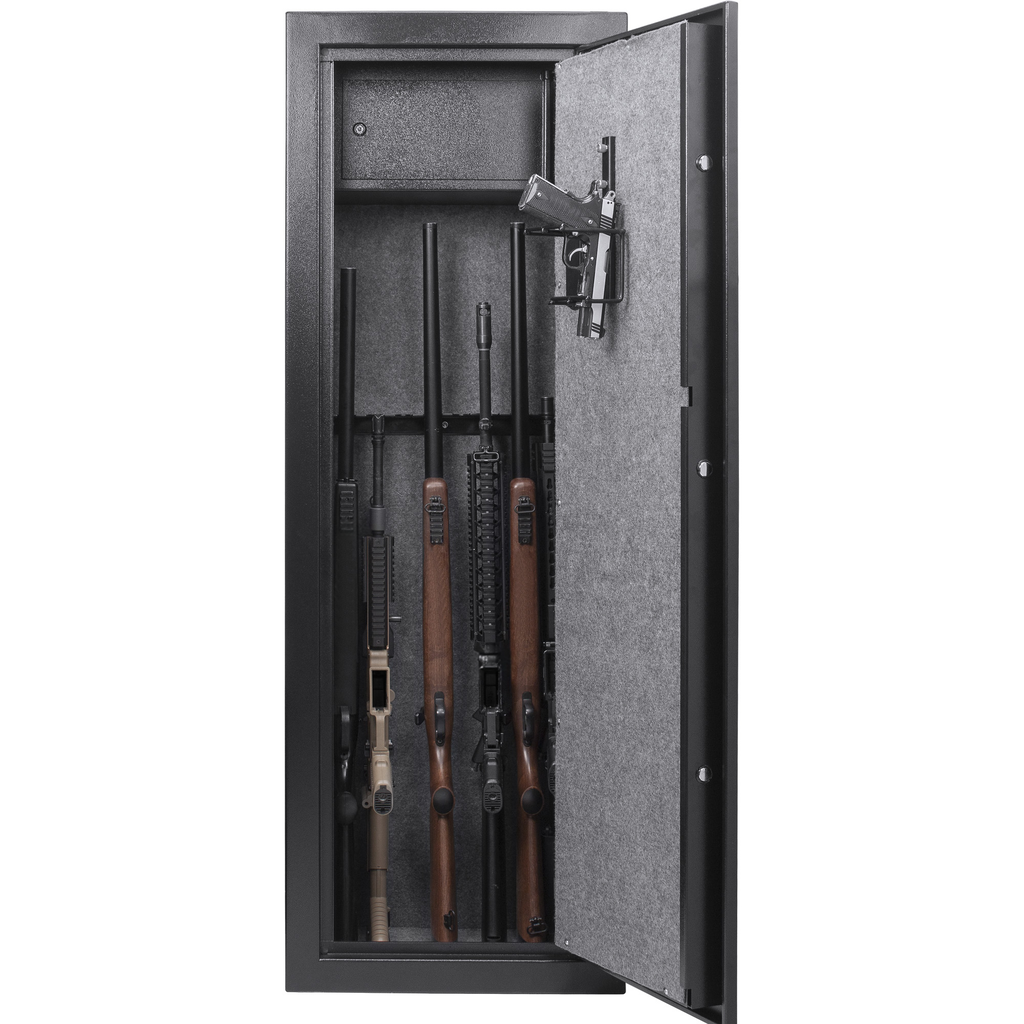 Open gun safe interior with rifles and handgun mount