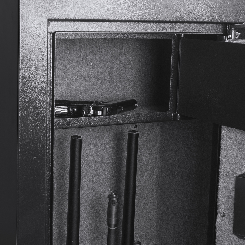 Black handgun on shelf inside a padded gun safe
