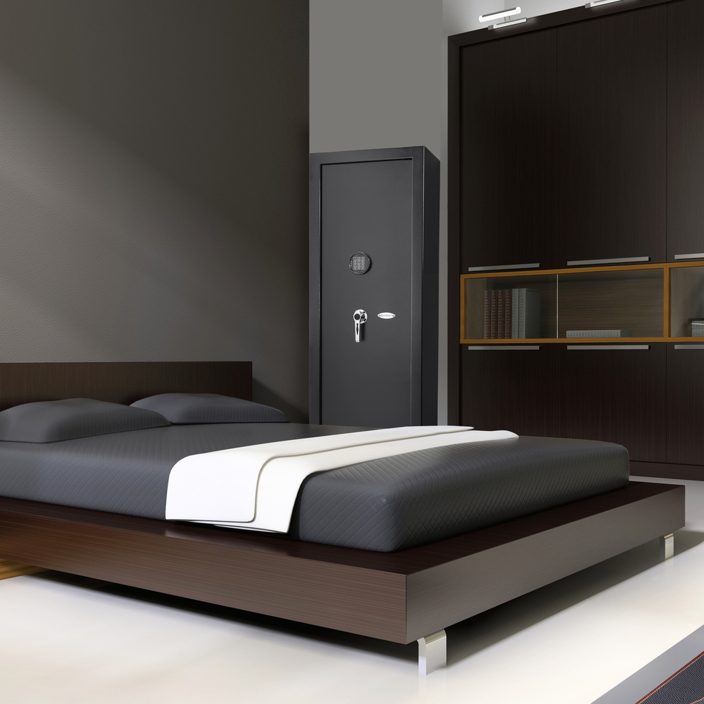 Tall black steel security safe with digital keypad and handle