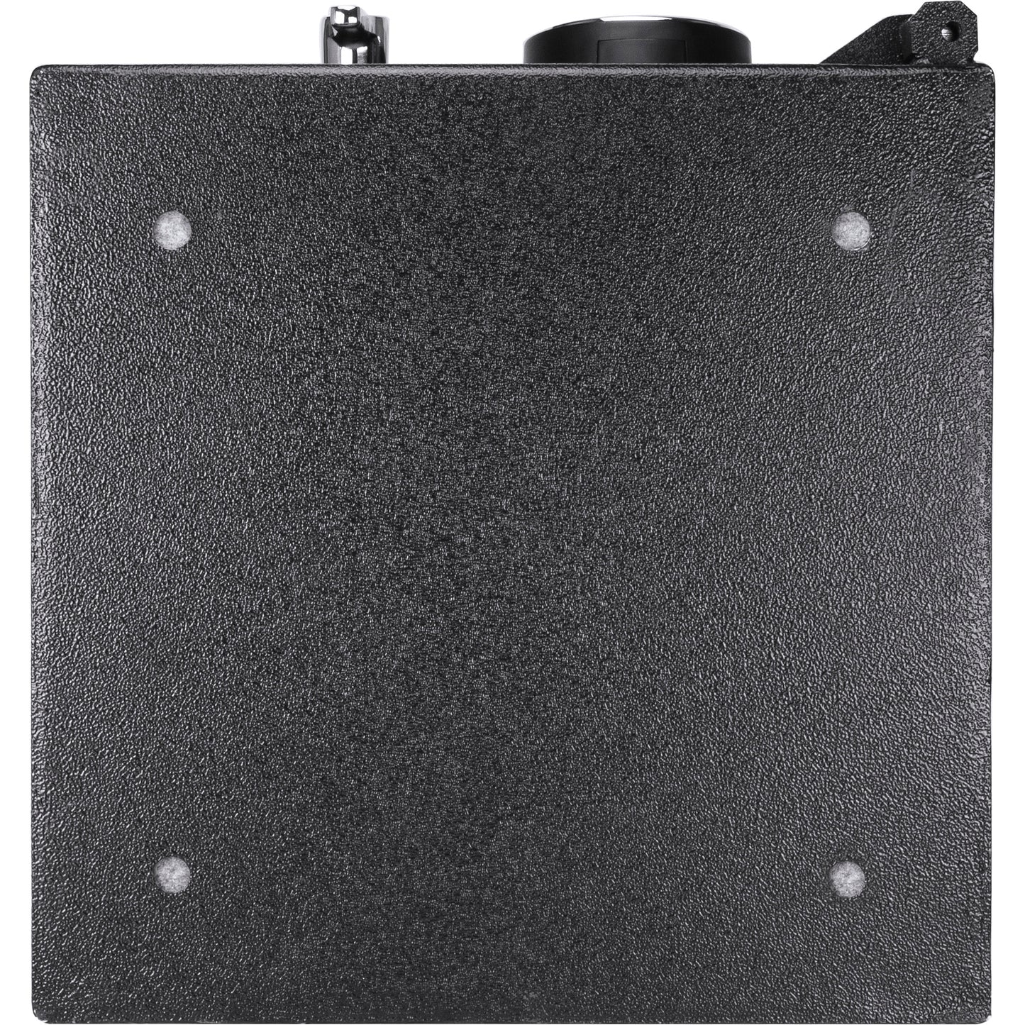 Black textured electronic enclosure with top dial and silver button