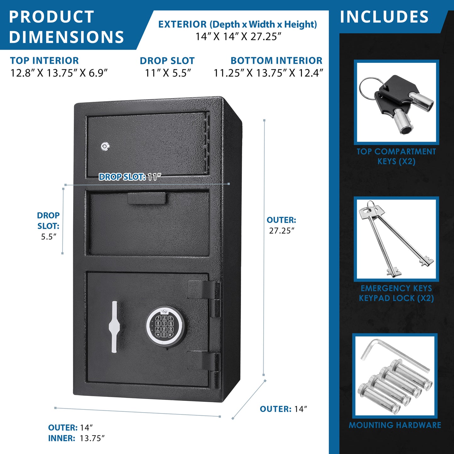 Black steel drop safe with digital keypad and dual locks