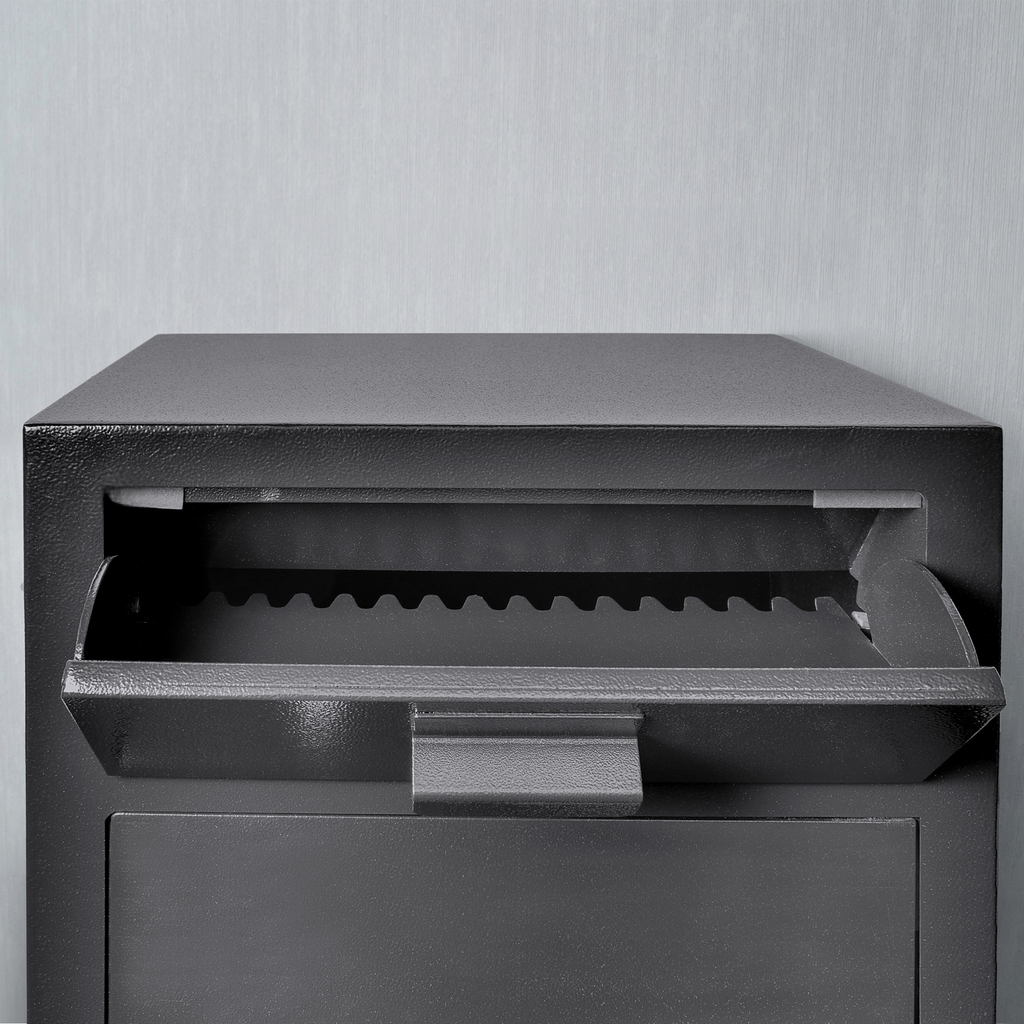 Compact black metal drop box safe with serrated deposit slot
