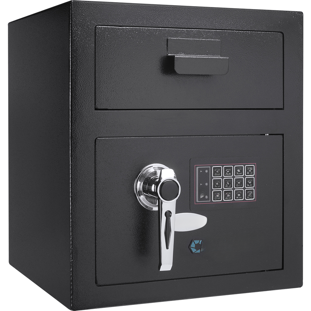 Black electronic safe with dual drawers and digital keypad