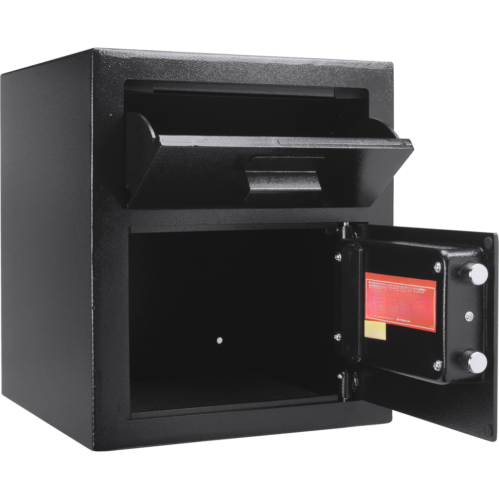 Black steel drop safe with two compartments and a user manual