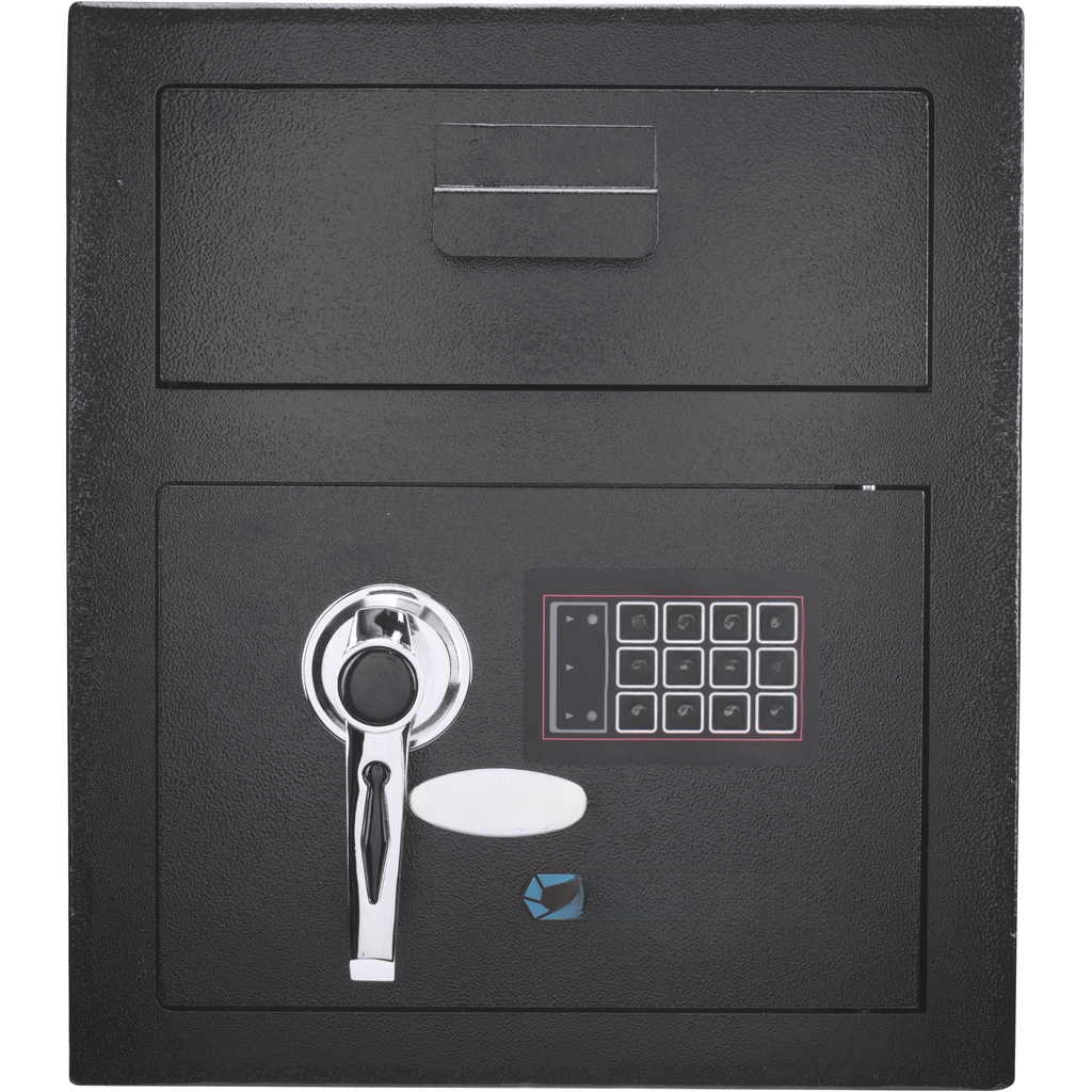 Black digital safe with keypad and chrome handle