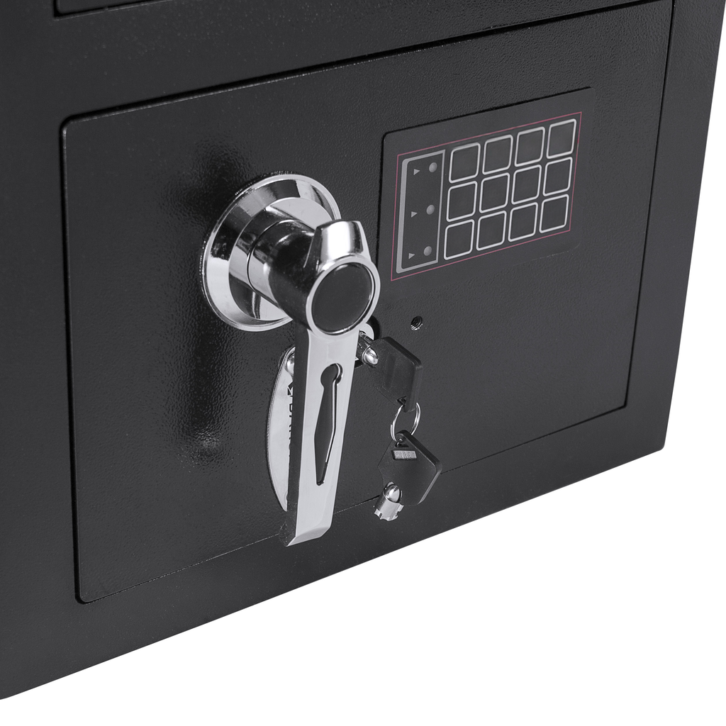 Black digital safe with chrome handle and two keys