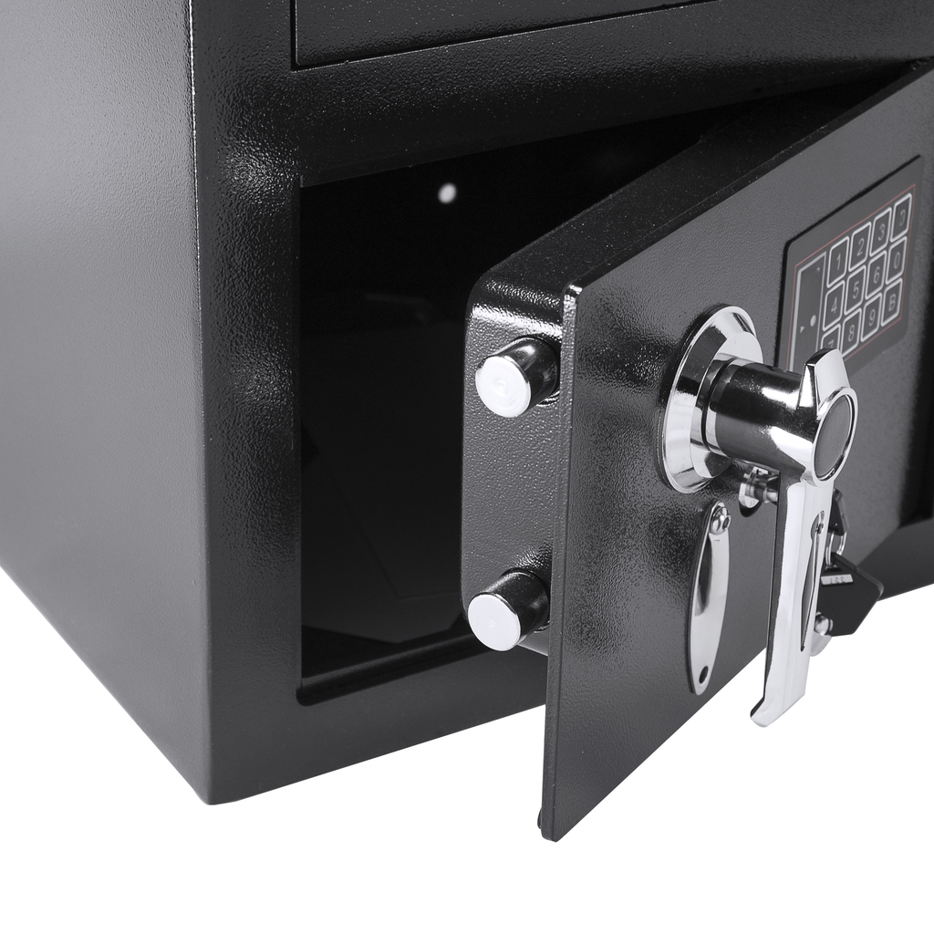Black metal safe with digital keypad and key lock
