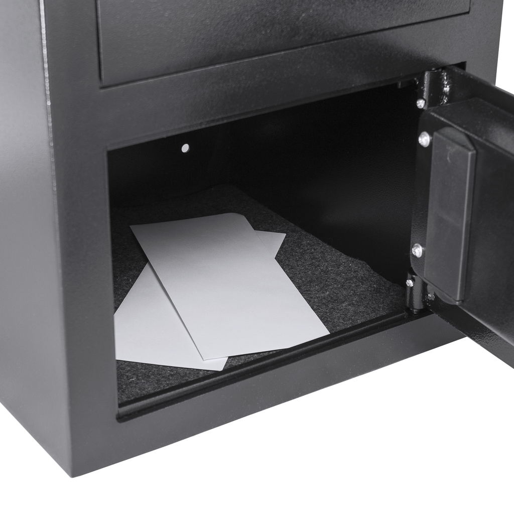 Black steel security safe interior with two envelopes on a grey felt lining