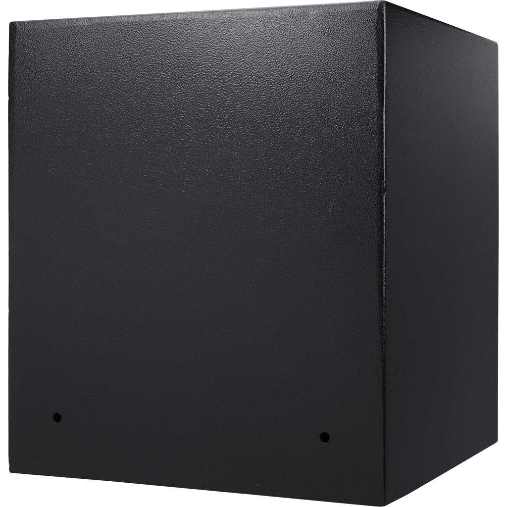 Black textured metal safe box with two predrilled holes on the bottom
