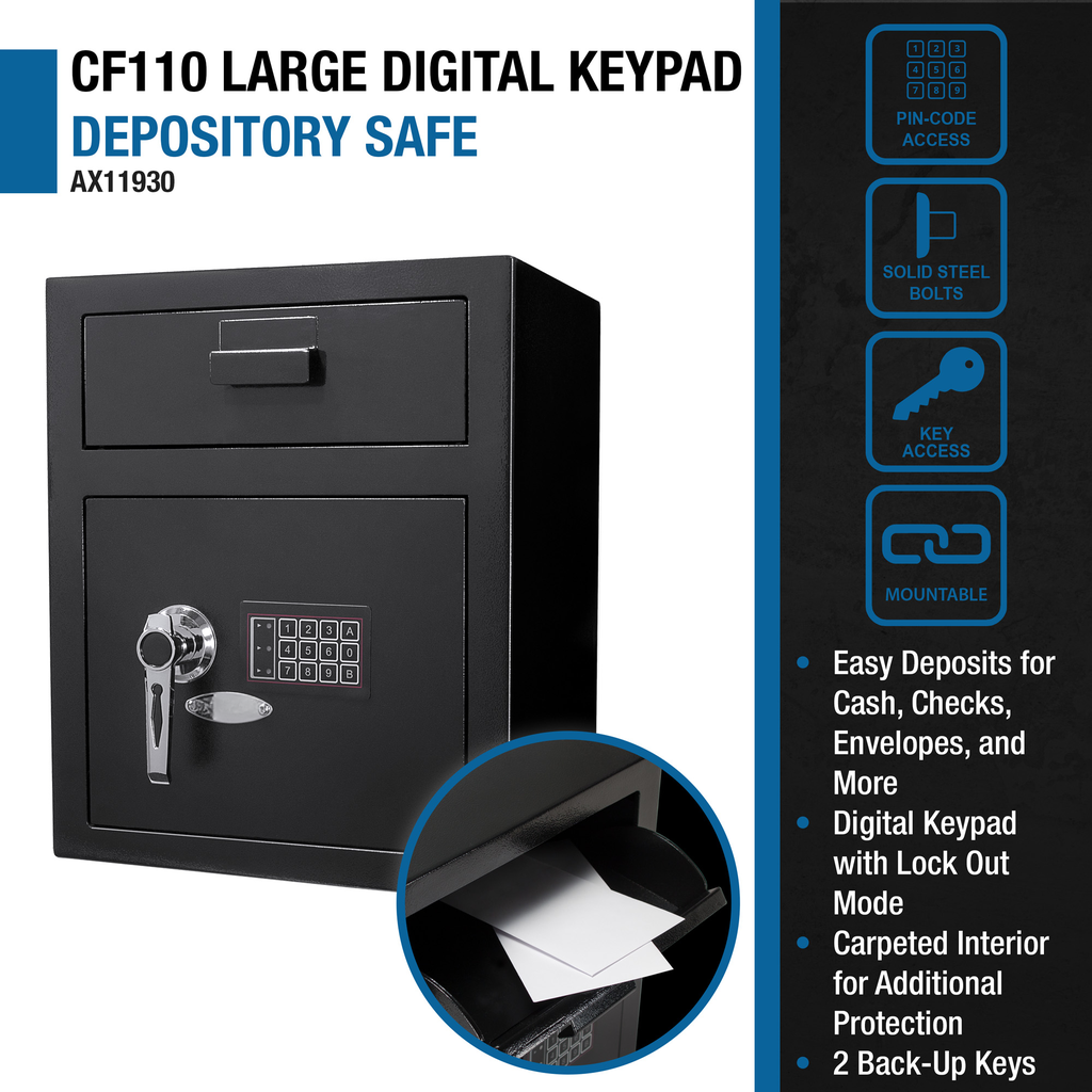 Black large digital keypad depository safe with drawer and key lock