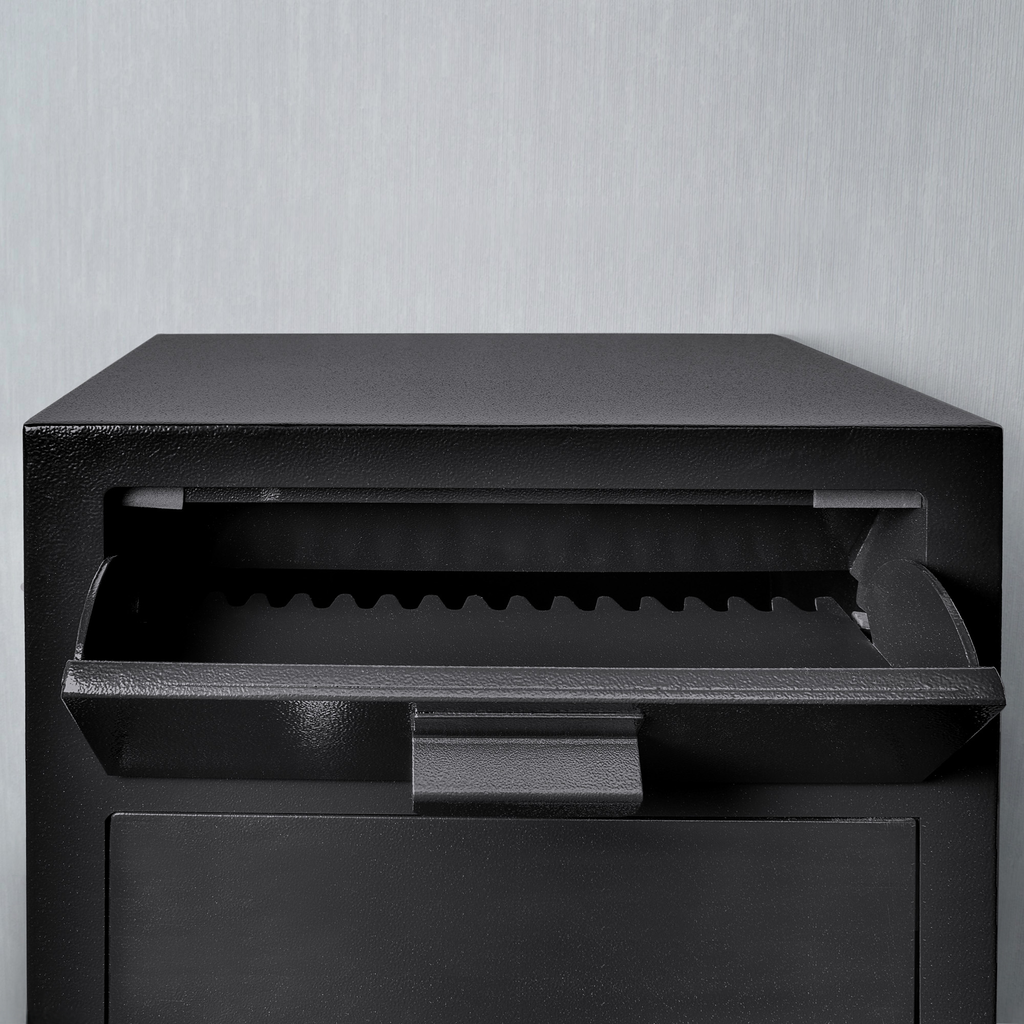 Black metal drop safe with serrated deposit chute