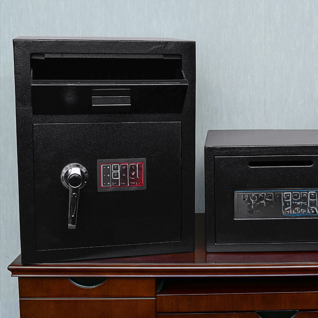 Black deposit safe with a digital keypad and chrome handle