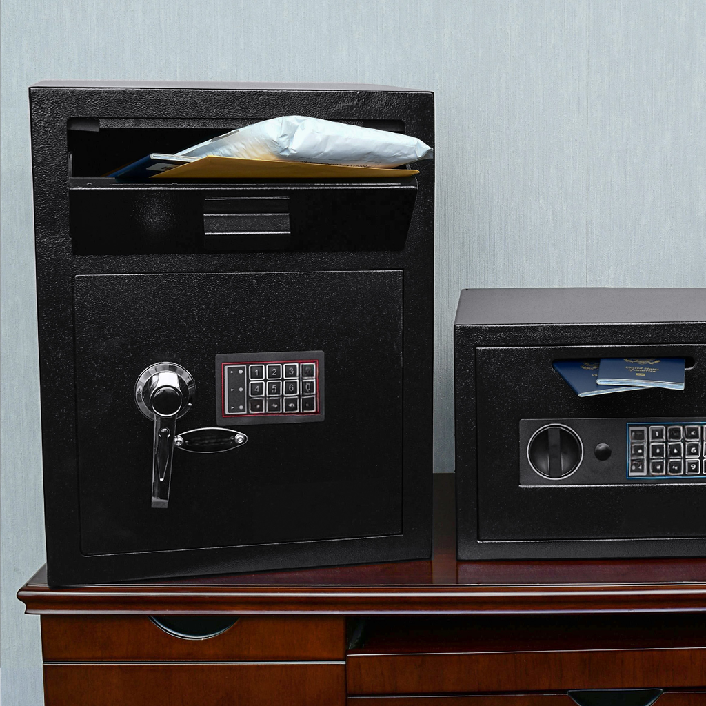Black drop safe with keypad and handle