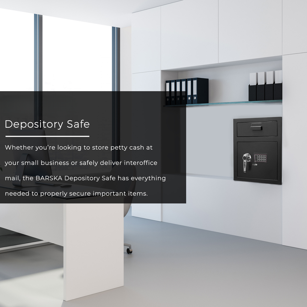 Black depository safe with digital keypad and key lock on wall
