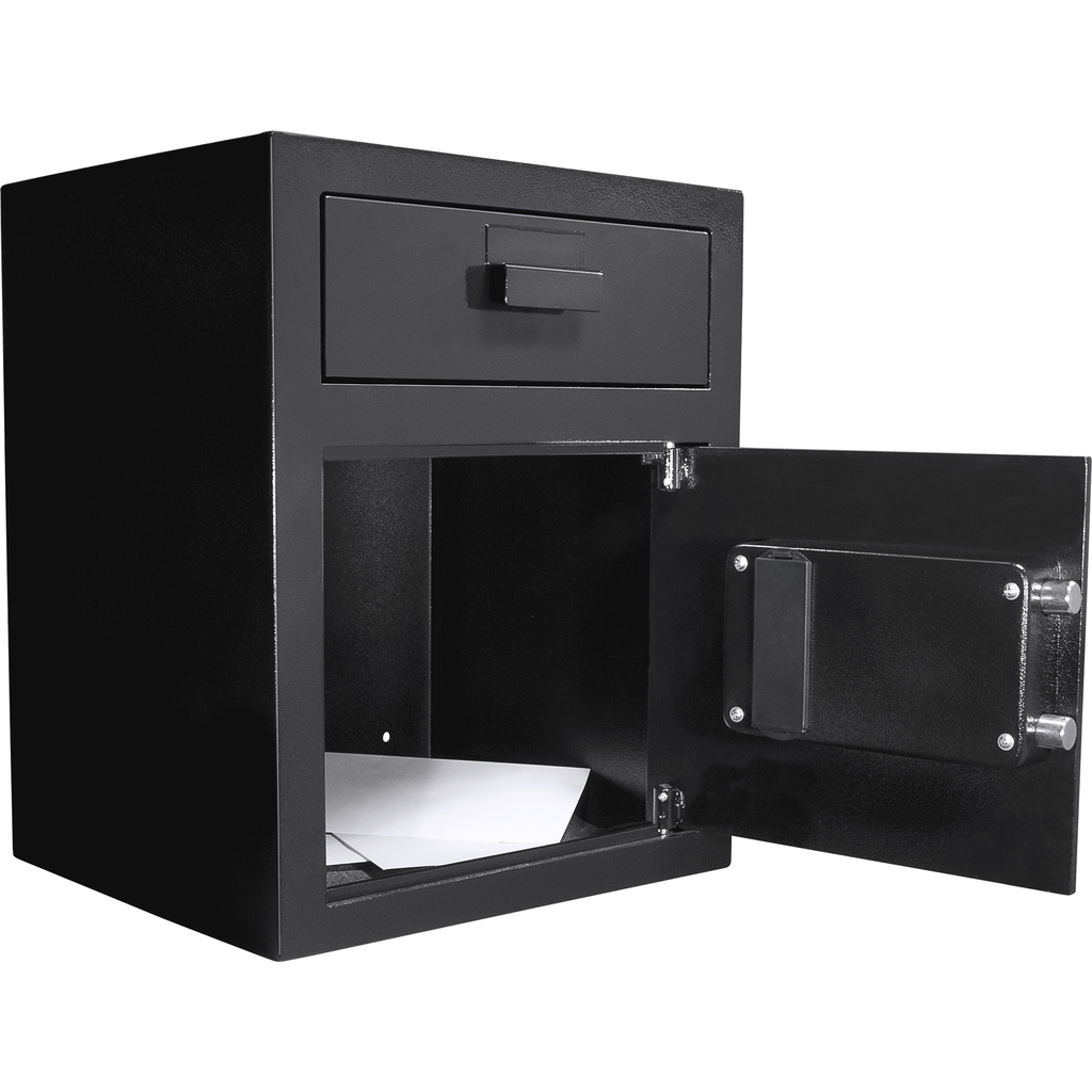 Black steel home safe with open drawer and compartment for documents