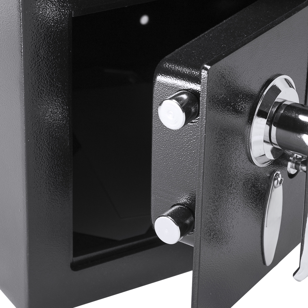 Black textured steel home safe with silver dial lock and handle detail