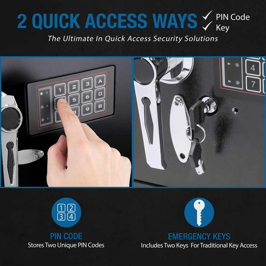 Black safe keypad with hand pressing buttons for quick access