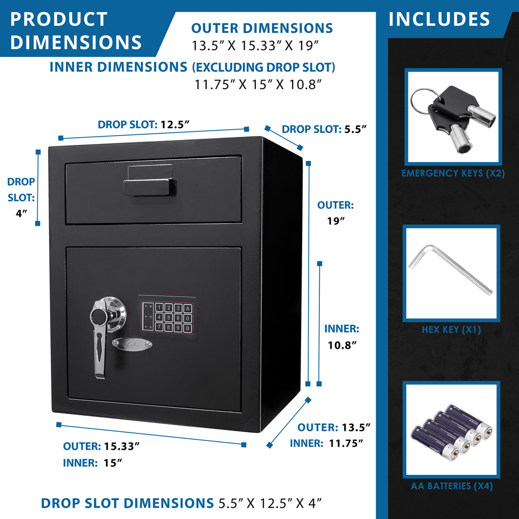 Black security safe with digital keypad and drop slot