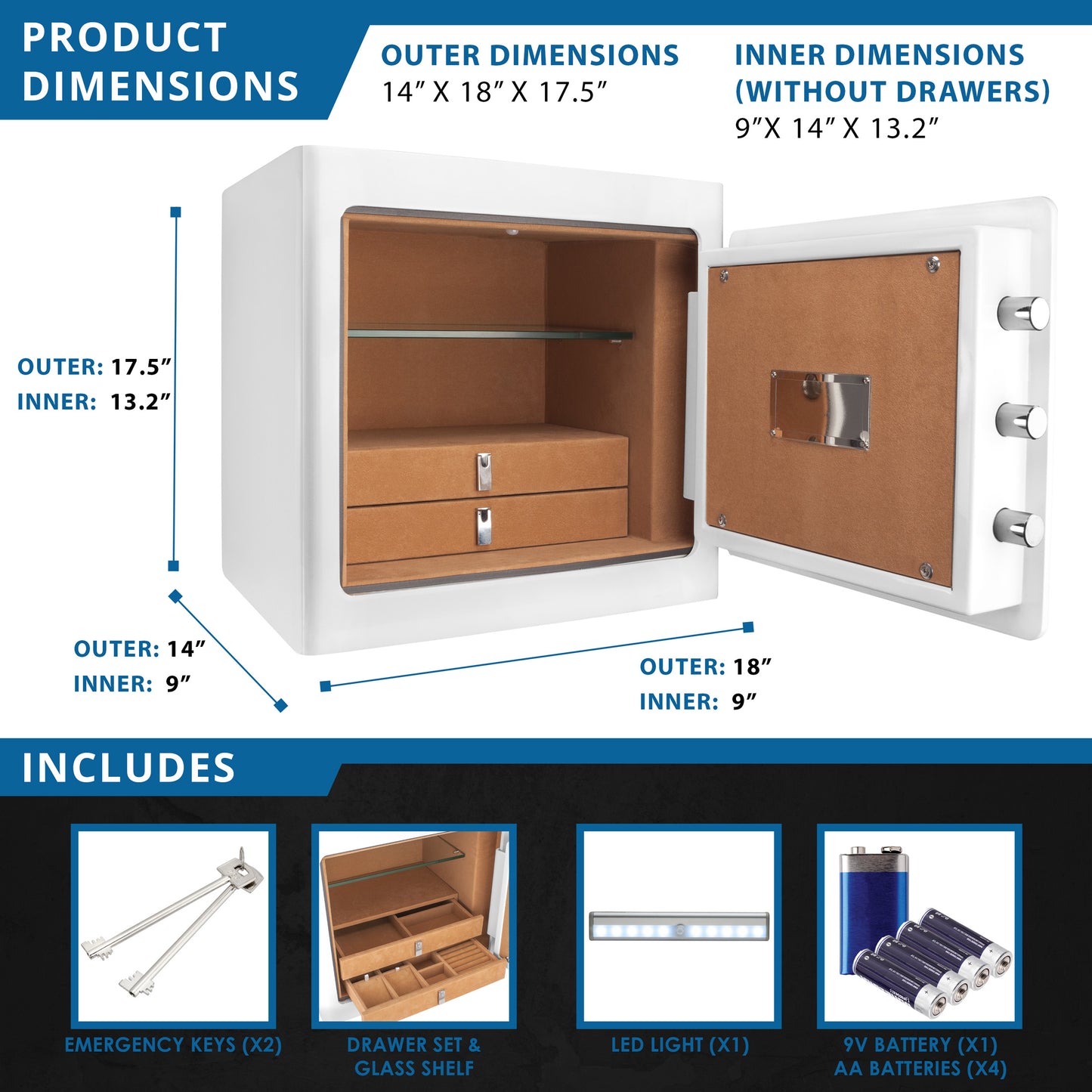 White safe with open door revealing two velvetlined drawers and a glass shelf