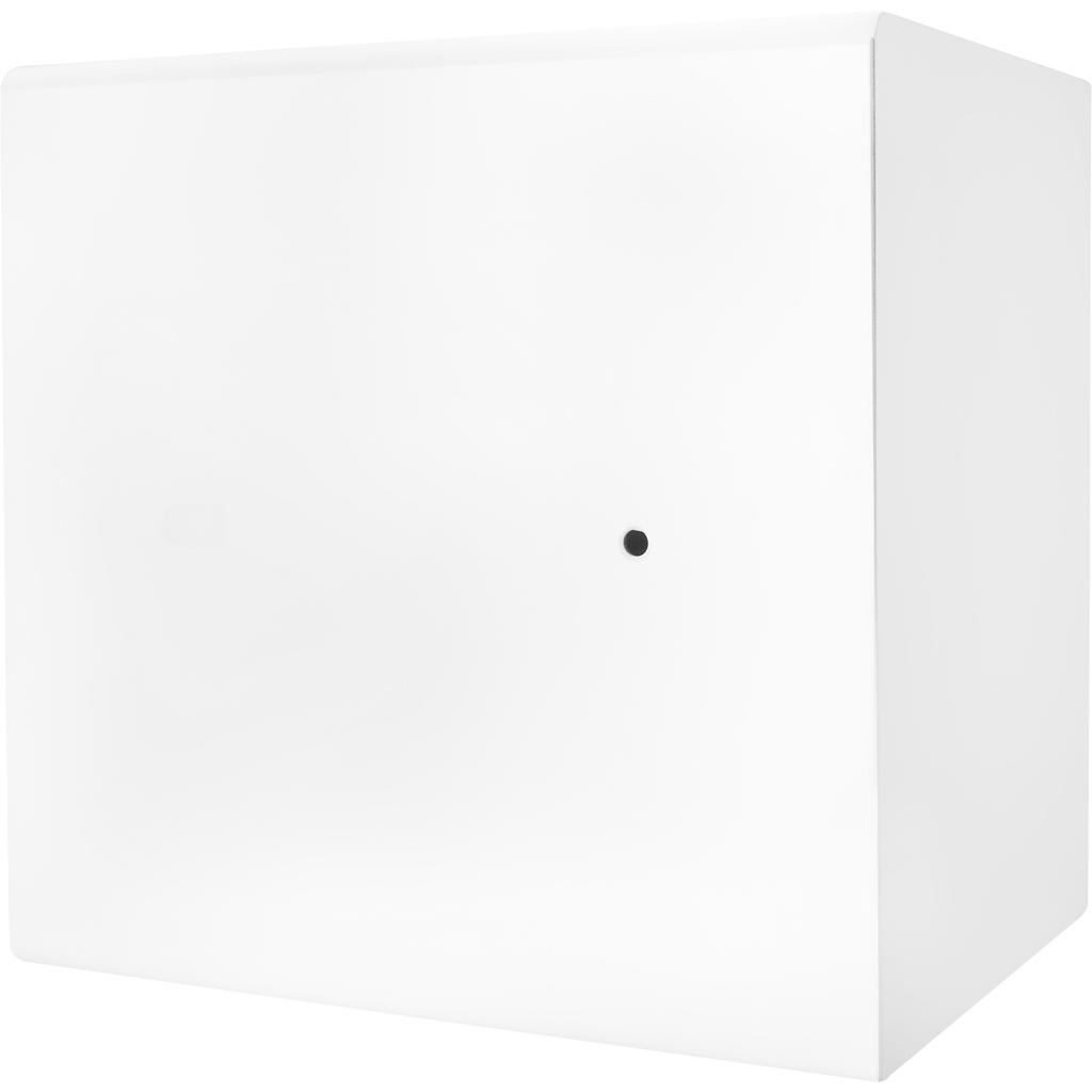 Minimalist white cube storage unit with a single black knob