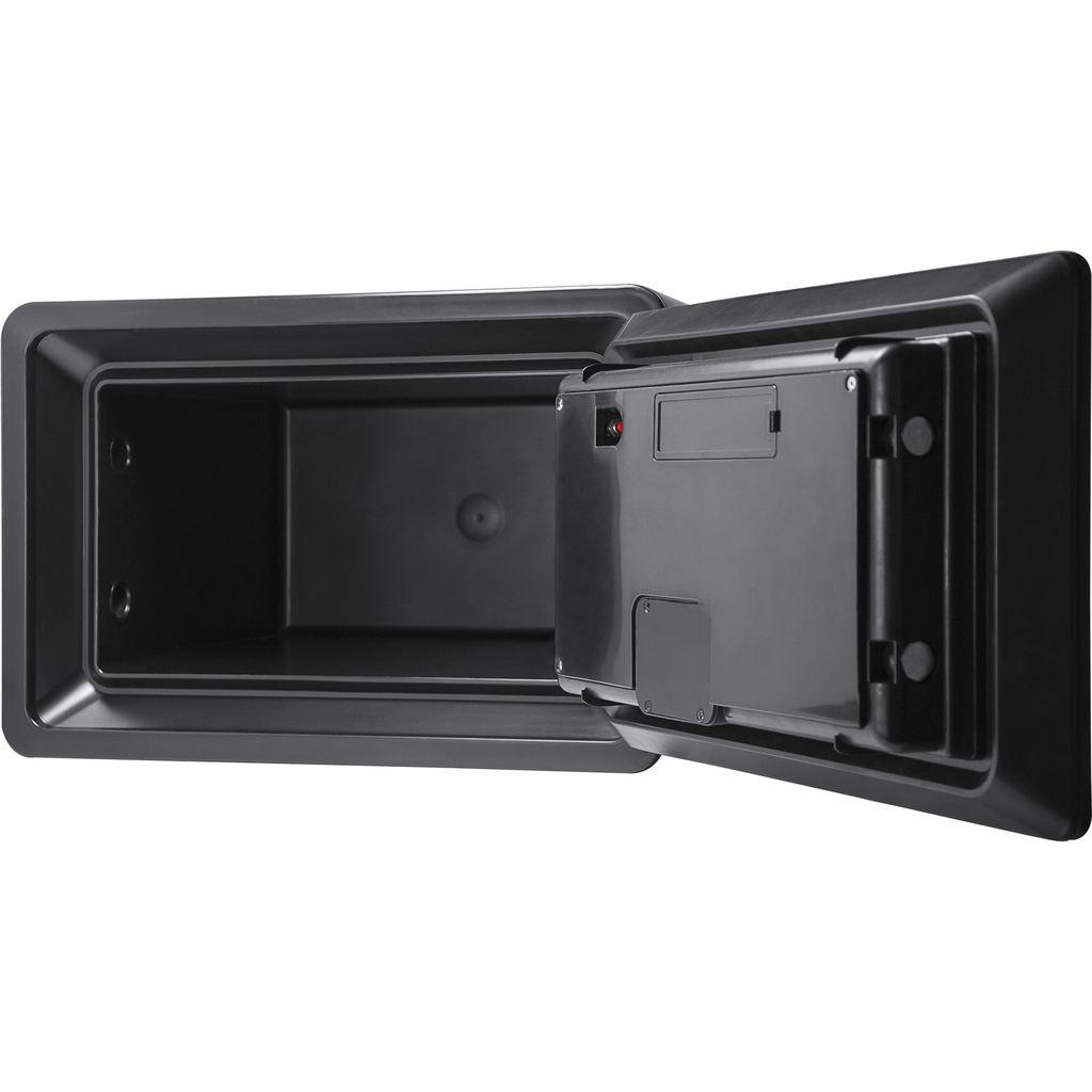 Black digital safe with open door revealing interior storage space