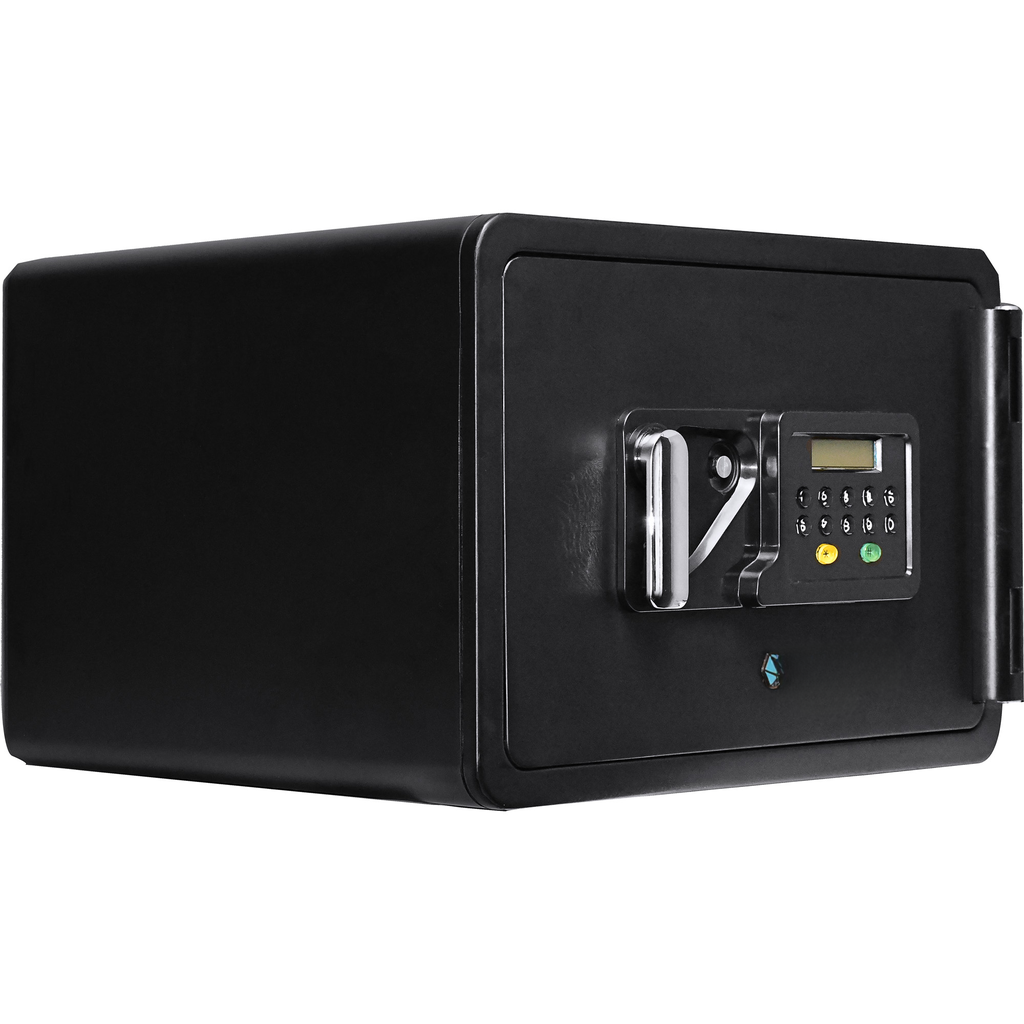 Black digital keypad safe with a brushed steel handle and lock perfect for home security