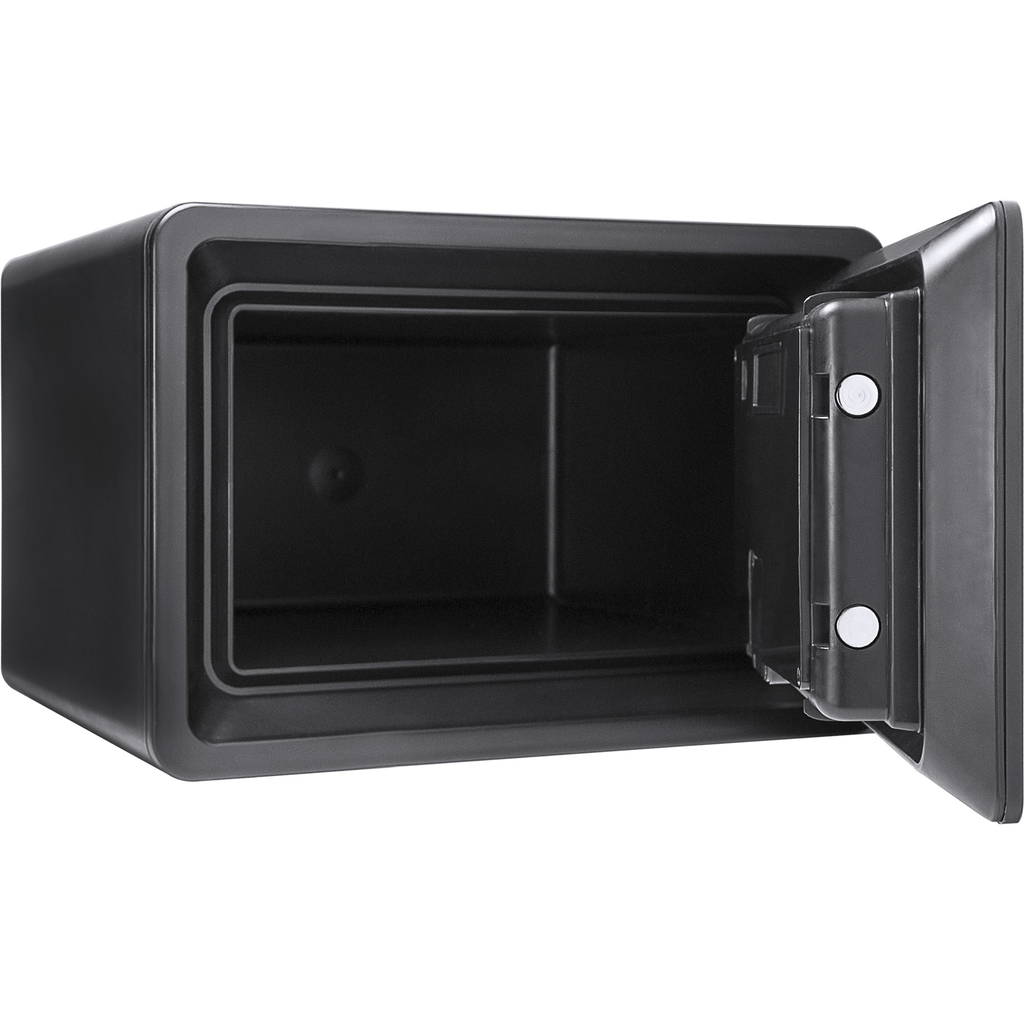 Black metal home safe with open door and visible interior