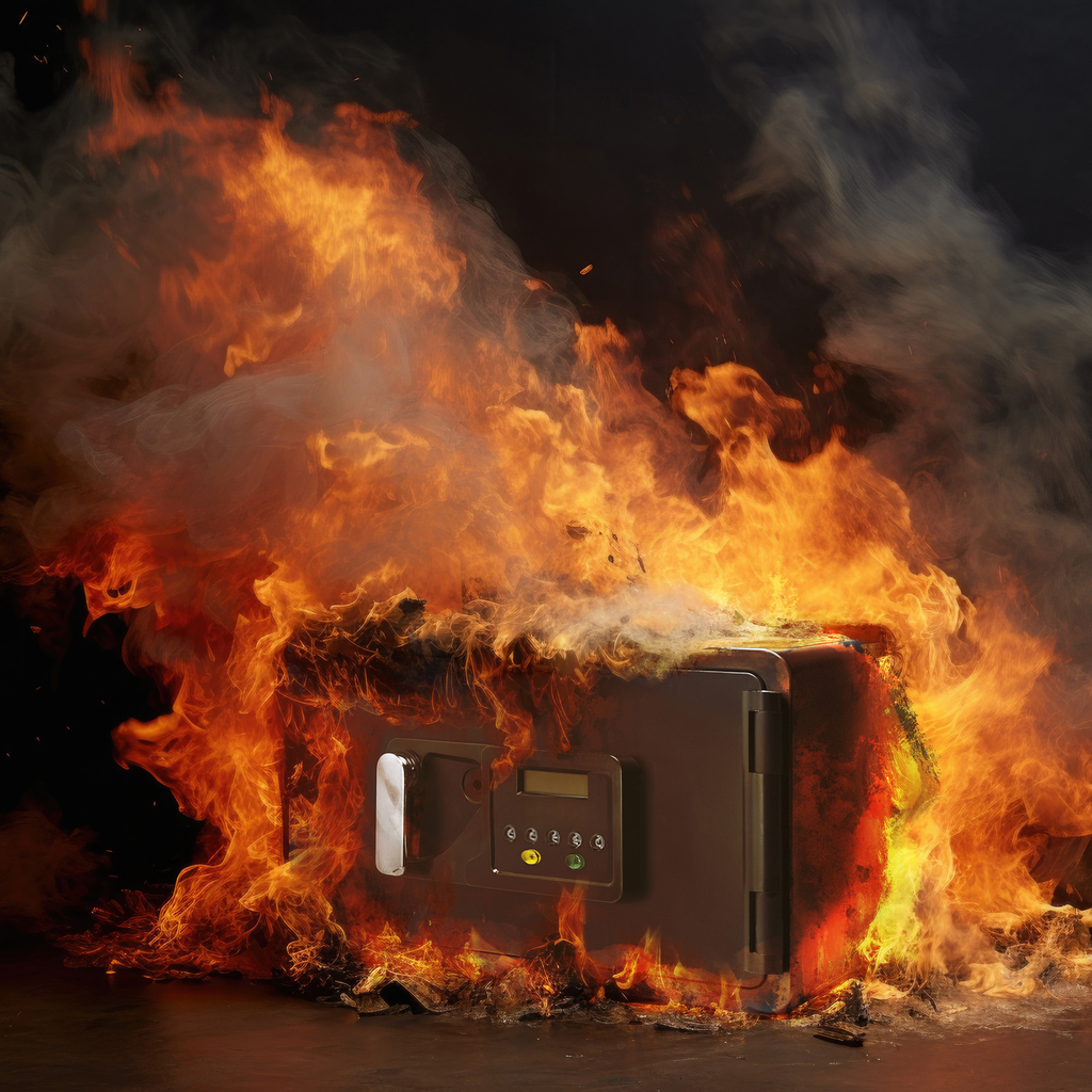 Dark grey digital safe engulfed in bright orange flames and smoke