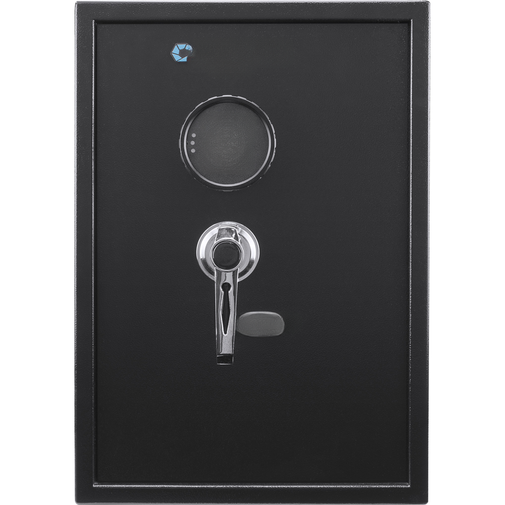 Black digital safe with circular keypad and chrome handle