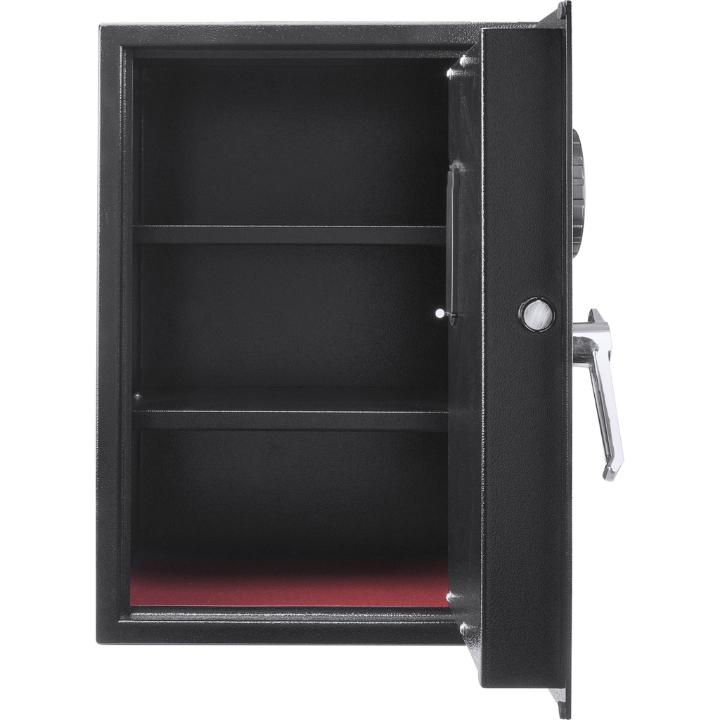 Black metal security safe with two interior shelves and a combination lock dial