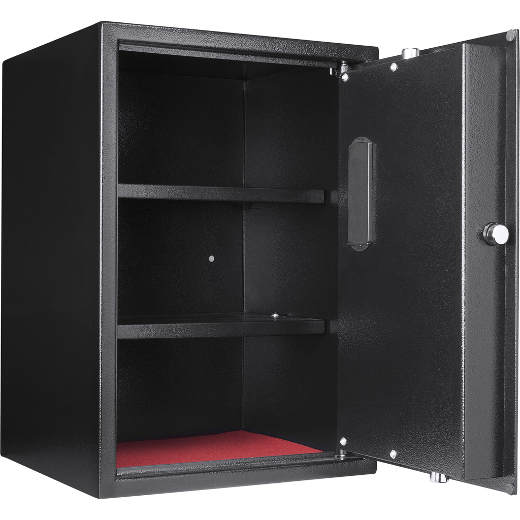 Black steel security safe with two interior shelves and red felt lining
