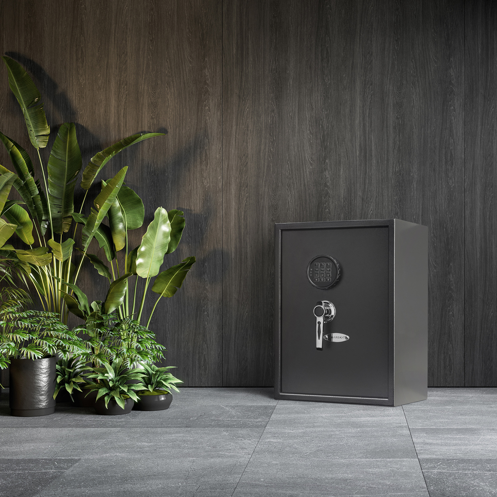Dark gray digital keypad safe with chrome handle